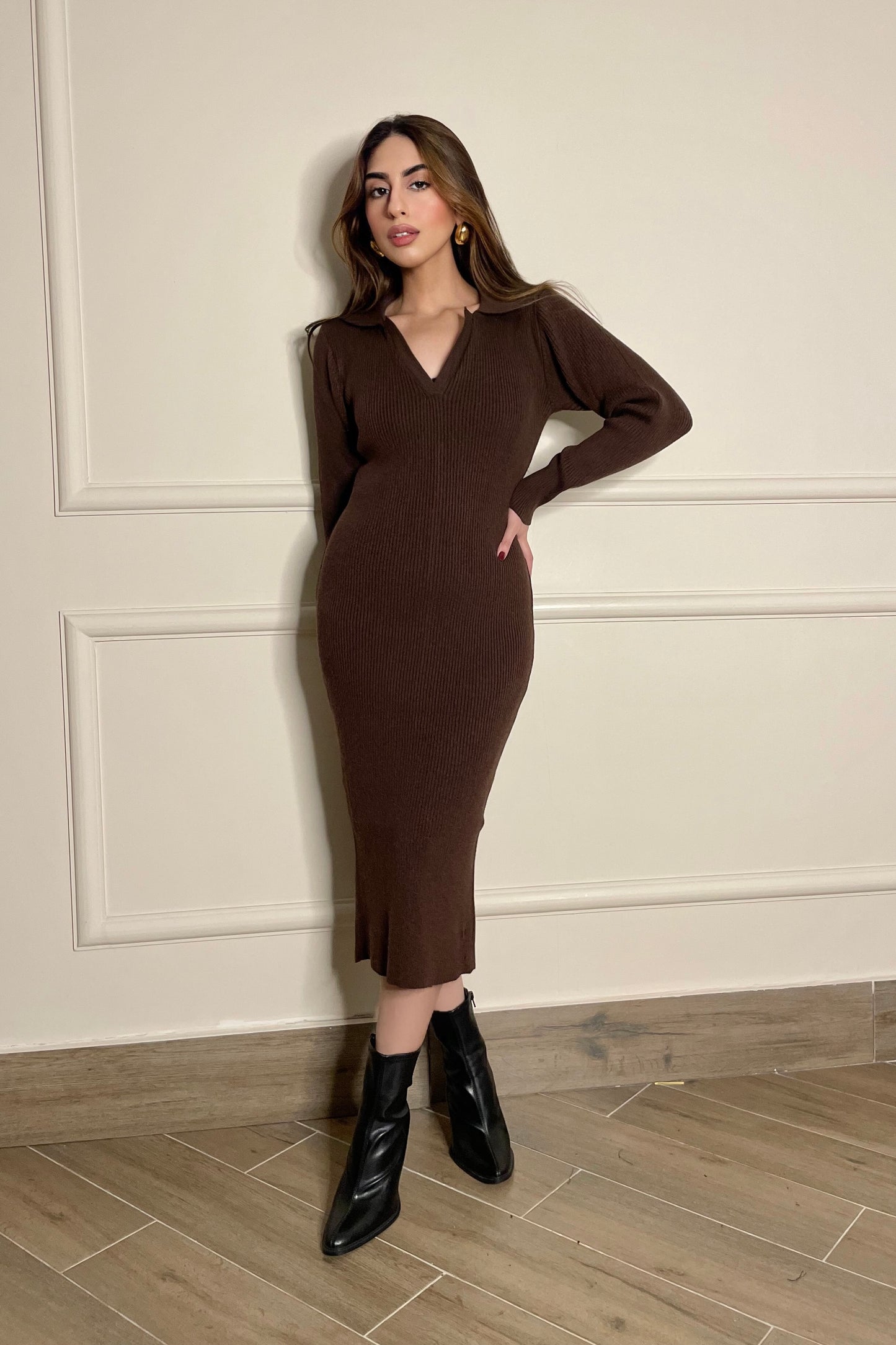 Knit Polo Dress in Dark Brown