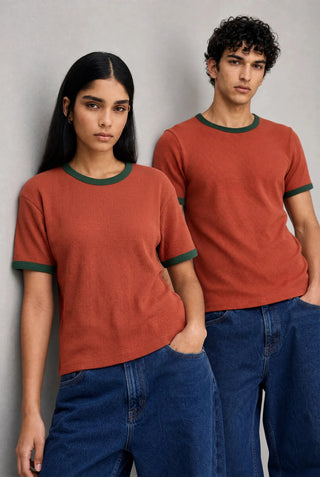 Waffle Textured Ringer T-shirt in Rust