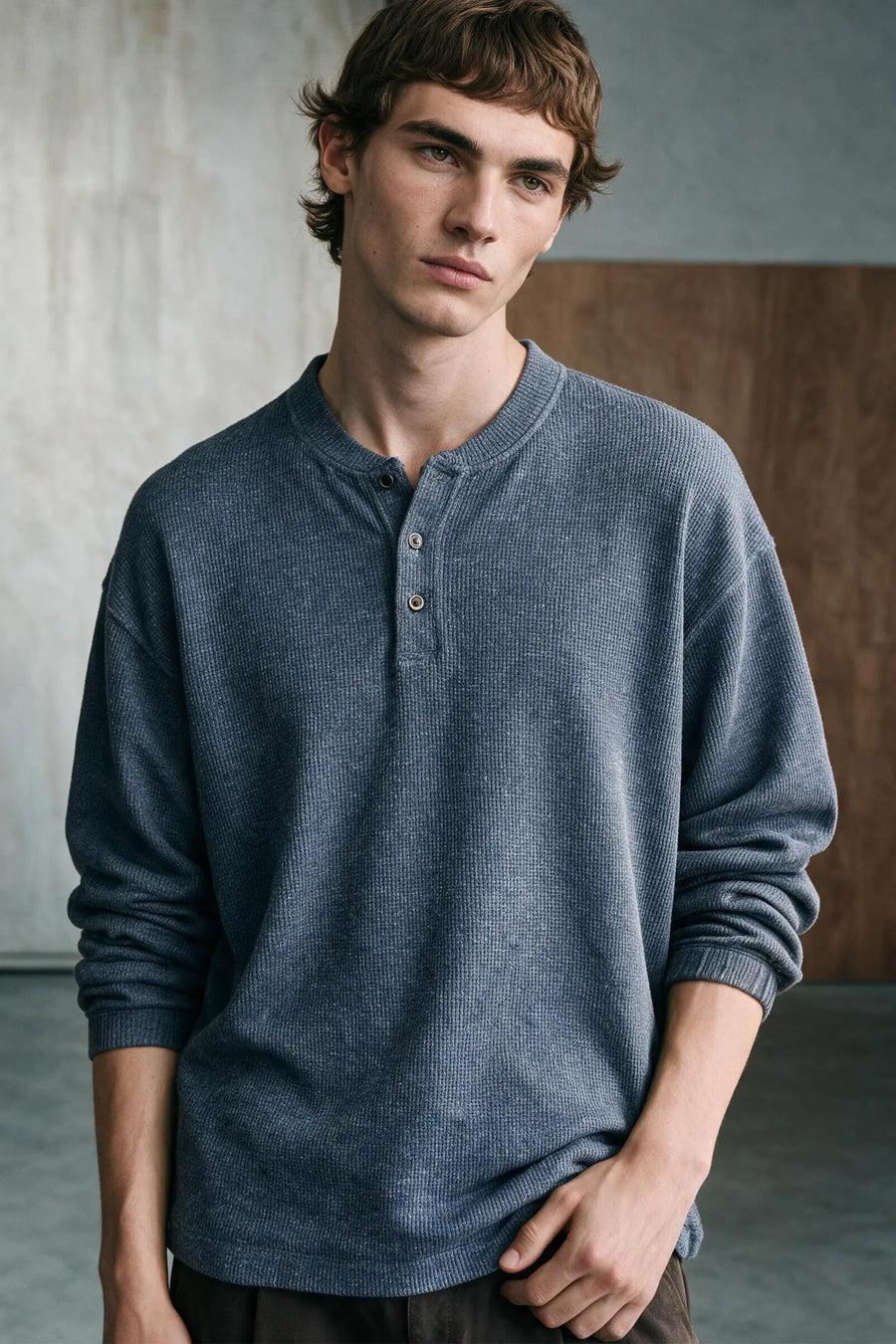 Melange Effect Henley Shirt /  BLUE MELANGE