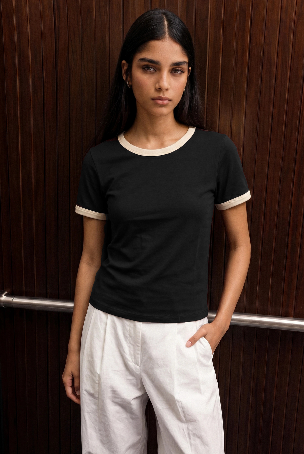 Fitted Ringer T-shirt in Black TEE ATTIR-WOMEN