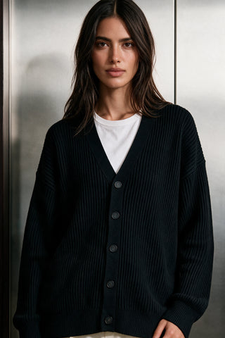 Rib-Knit Cardigan Sweater / BLACK