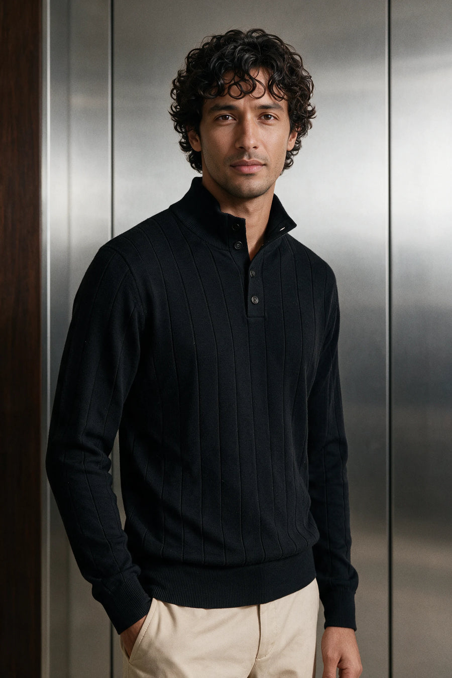 Mock-Neck Button Up Sweater / BLACK