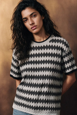 Crochet Knit Ringer Tee / GREY TEE ATTIR-WOMEN