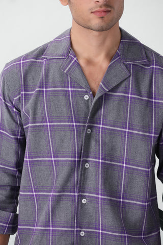 Boxy Fit Camp Collar Flannel Shirt in Grey