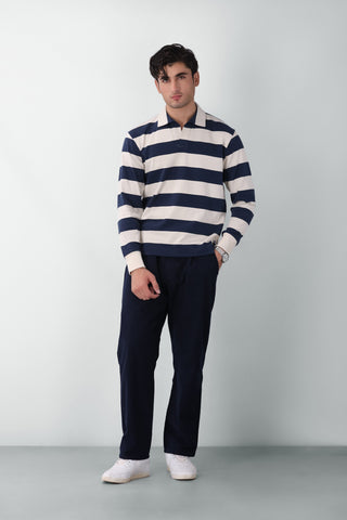 Striped Revere Collar Polo Jumper in Blue