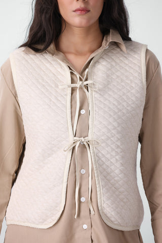 Quilted Gillet with Tie Detail in Cream