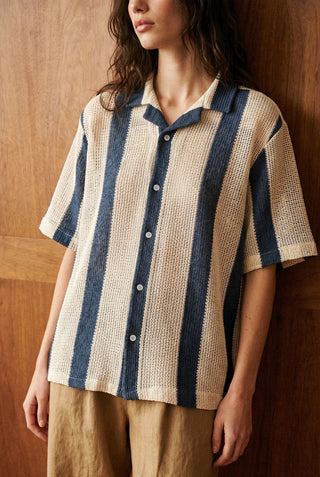 Relaxed Crochet Resort Striped Shirt in Deep Blue
