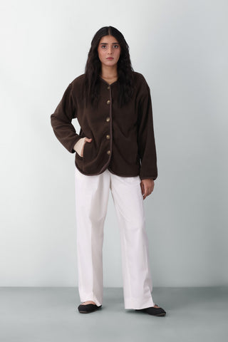 Polar Fleece Button Jacket in Dark Brown
