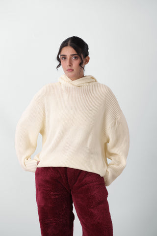 Cardigan Knitted Oversized Hoodie in Cream