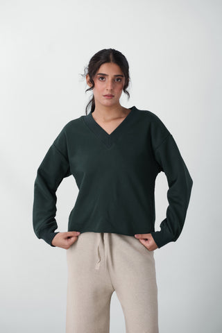 V-neck Sweatshirt in Dark Green