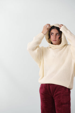 Cardigan Knitted Oversized Hoodie in Cream
