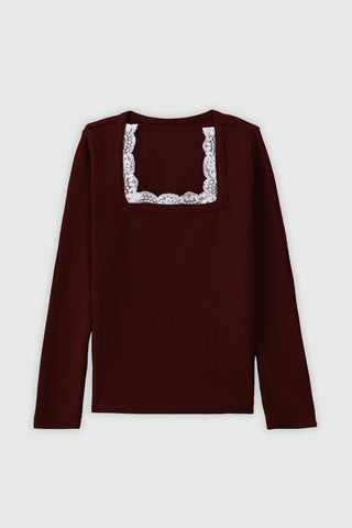 Lace Layer Square Neck Top in Burgundy
