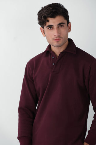Cotton Polo Sweatshirt in Burgundy