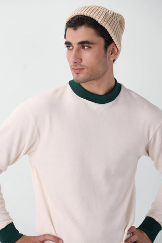 Waffle Textured Contrast Trims Sweatshirt in Green