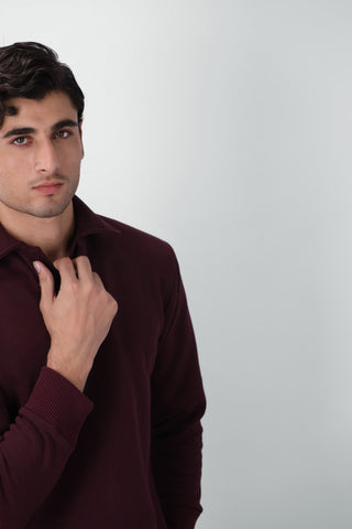 Cotton Polo Sweatshirt in Burgundy