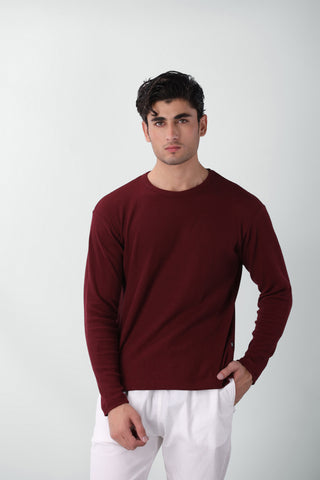 Waffle Textured Long Sleeves T-shirt in Maroon