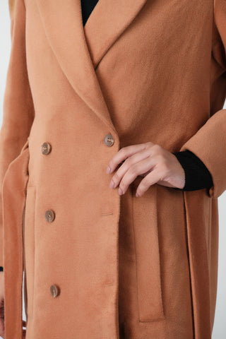 Belted Wool Long Coat in Camel