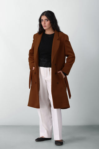 Belted Wool Long Coat in Brown