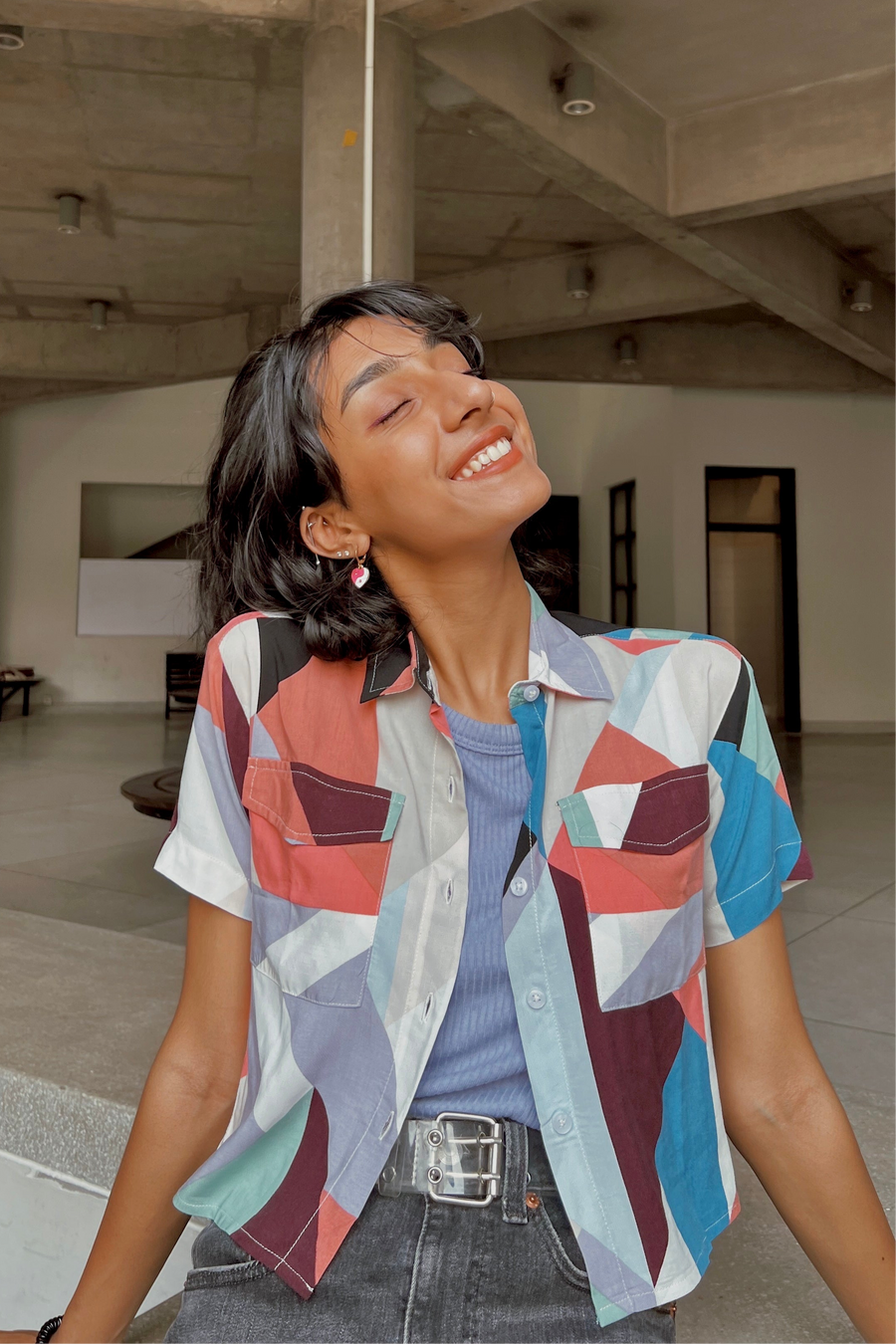 Geometric Print Cropped Shirt