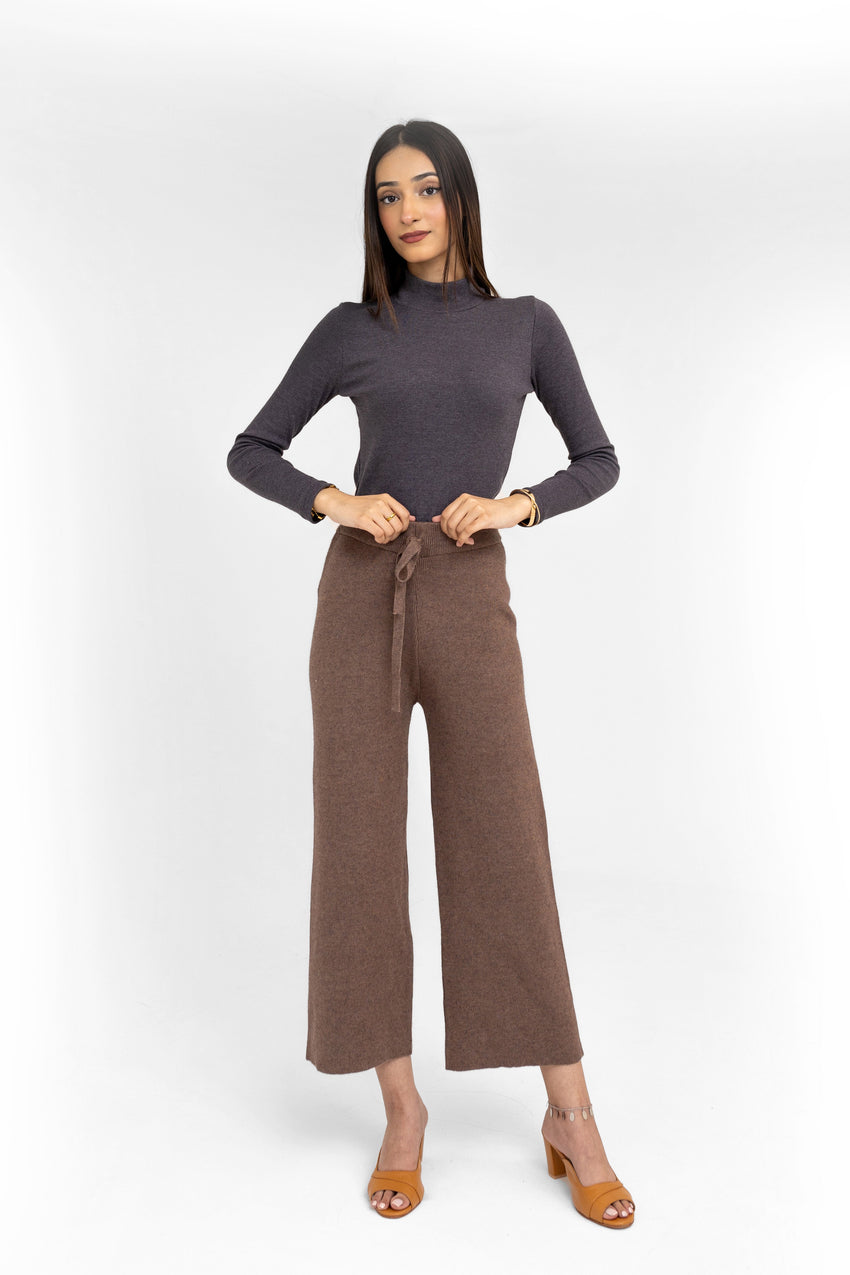 Knitted Wide-Leg Trouser in Camel BOTTOM ATTIR-WOMEN