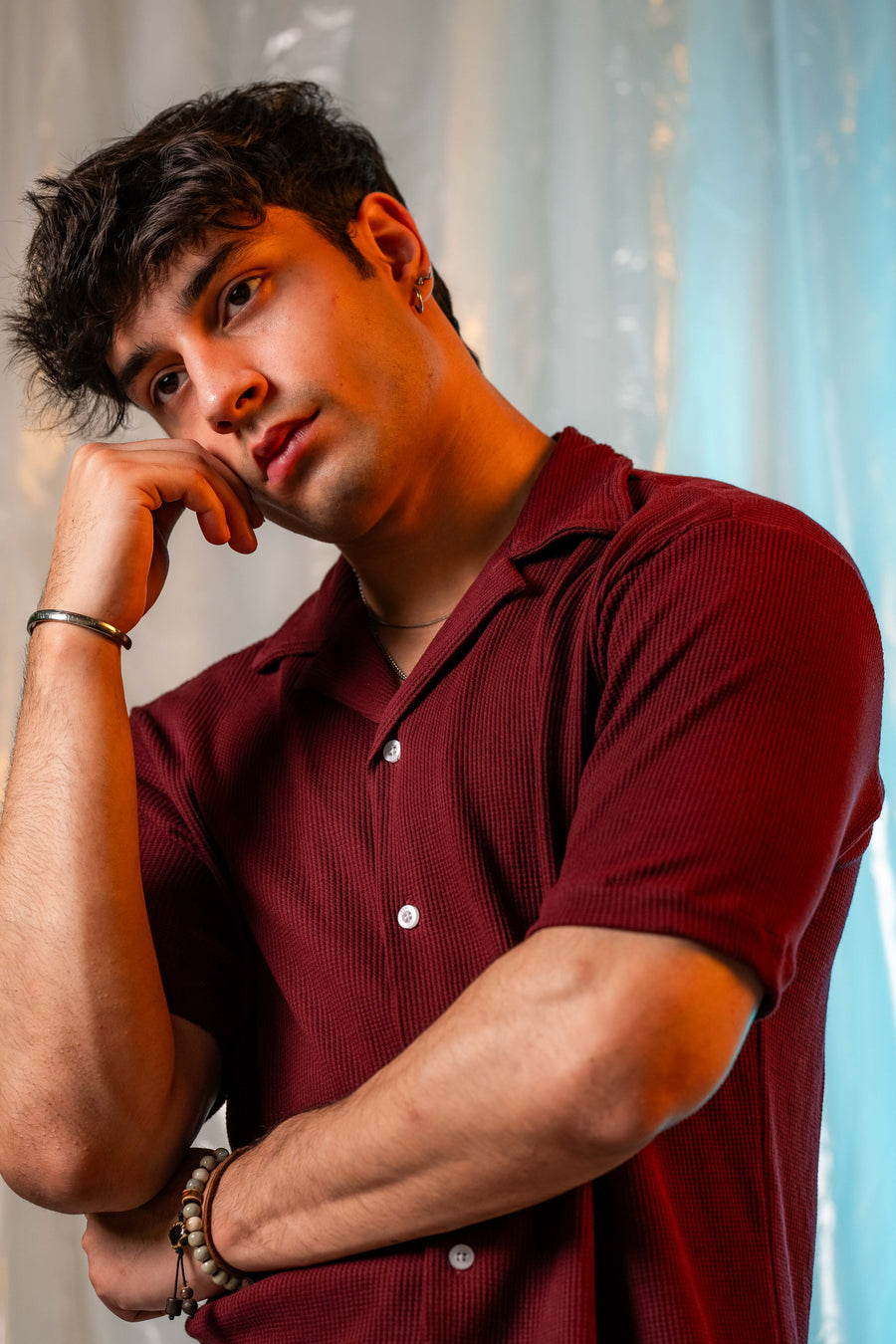 Waffle Textured Resort Shirt in Maroon