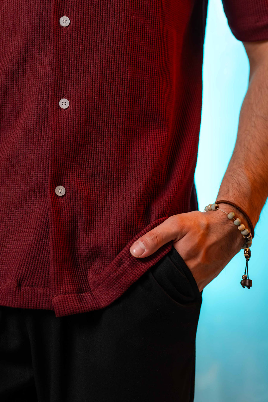 Waffle Textured Resort Shirt in Maroon
