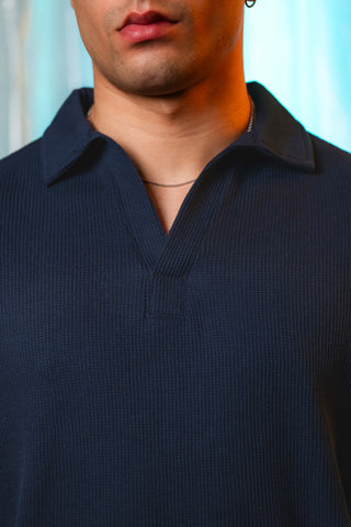 Waffle-Knit Revere Polo Shirt in Navy