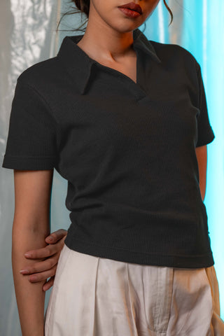 Waffle-Knit Polo Top in Black