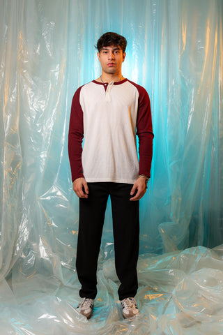 Waffle-Knit Raglan Henley in Maroon