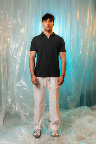 Waffle-Knit Revere Polo Shirt in Black