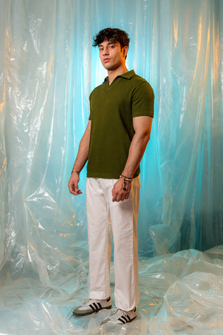 Waffle-Knit Revere Polo Shirt in Olive
