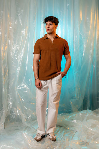 Waffle-Knit Revere Polo Shirt in Cinnamon