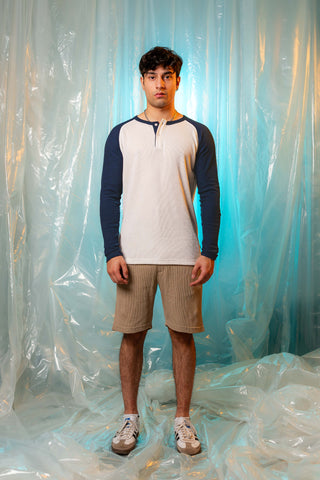 Waffle-Knit Raglan Henley in Navy