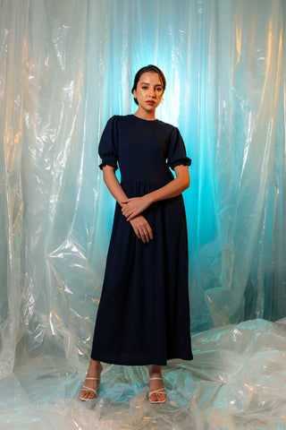 Waffle Textured Smock Midi Dress in Navy