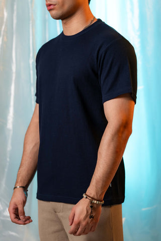 Waffle Textured Crew Neck in Navy