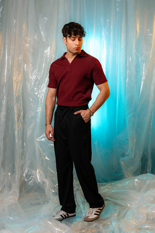 Waffle-Knit Revere Polo Shirt in Maroon