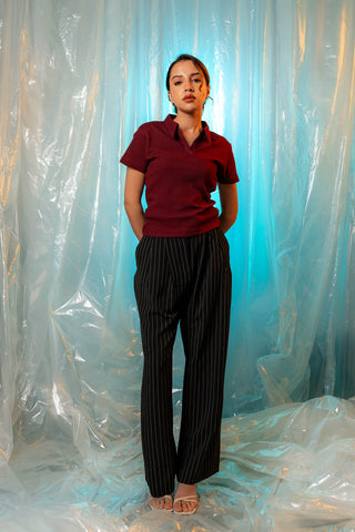 Waffle-Knit Polo Top in Maroon