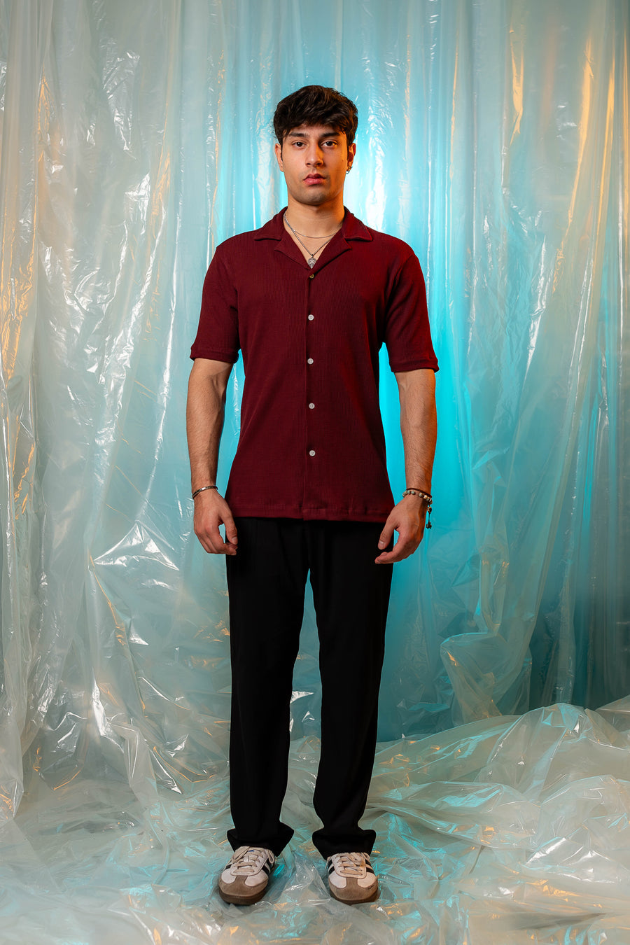 Waffle Textured Resort Shirt in Maroon