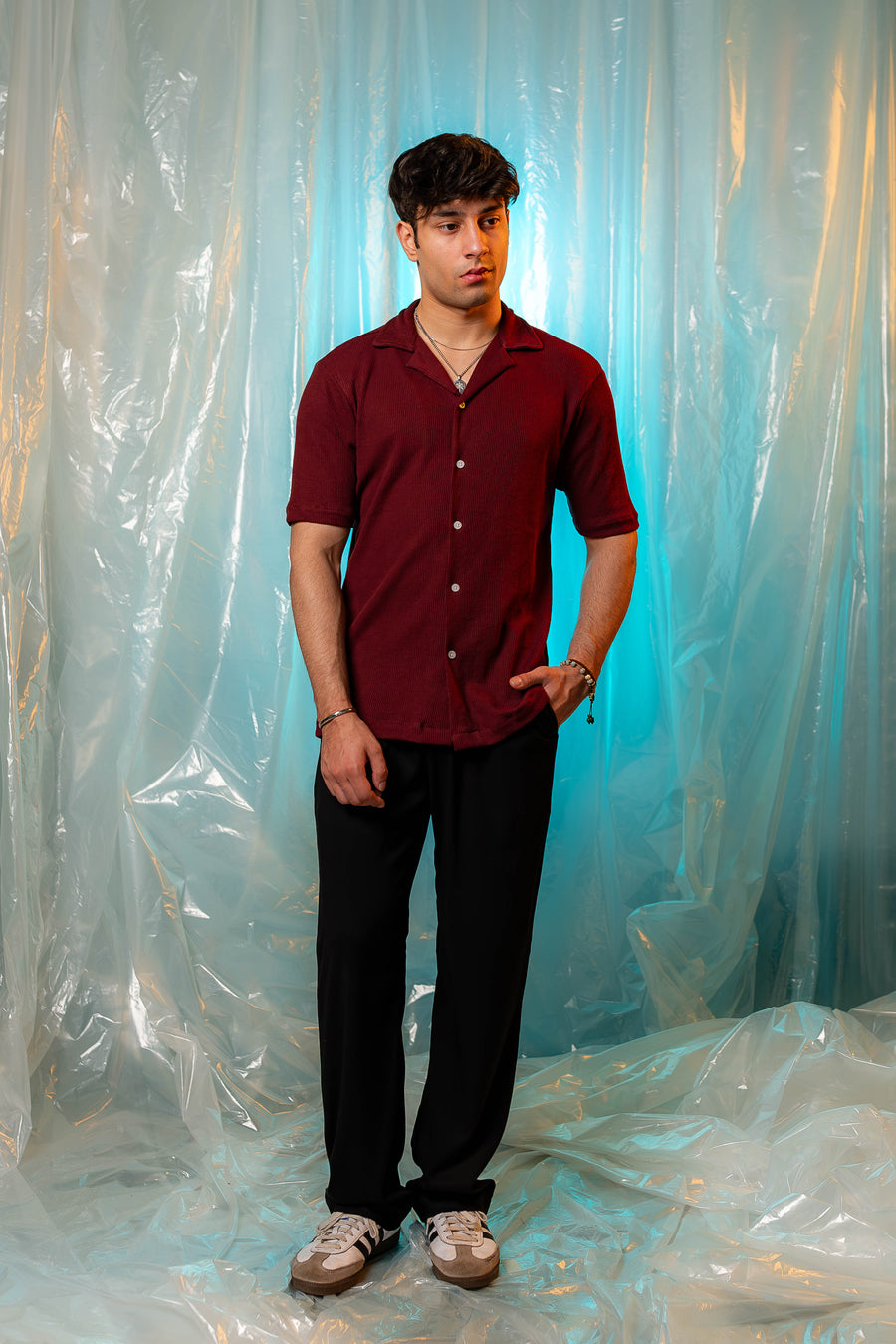 Waffle Textured Resort Shirt in Maroon