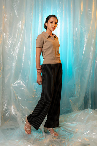 Waffle-Knit Polo Top in Stone