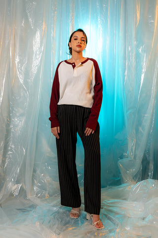 Waffle-Knit Raglan Henley in Maroon