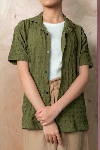 Creased Camp Collar Shirt in Olive