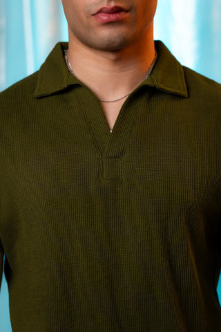 Waffle-Knit Revere Polo Shirt in Olive