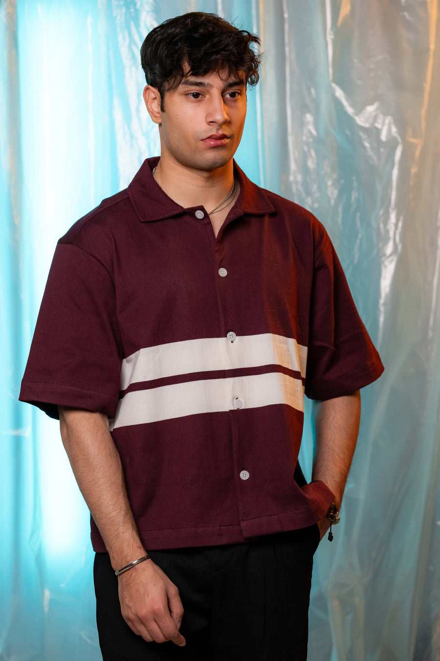 Oversized Striped Shirt in Maroon