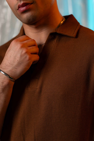 Waffle-Knit Revere Polo Shirt in Cinnamon