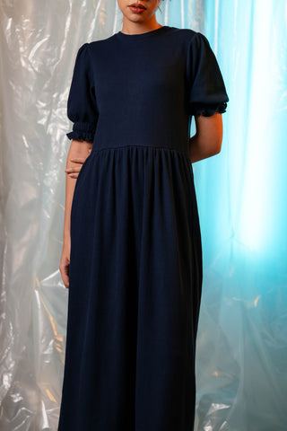 Waffle Textured Smock Midi Dress in Navy
