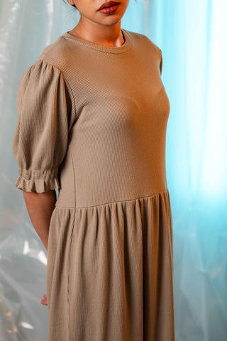Waffle Textured Smock Midi Dress in Stone
