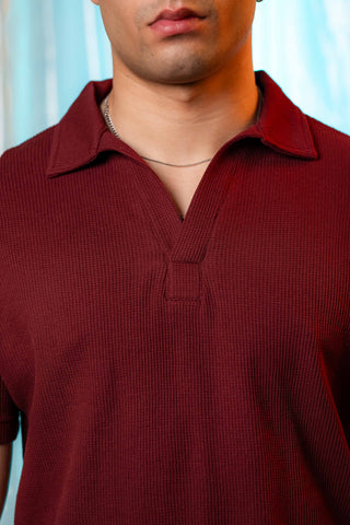 Waffle-Knit Revere Polo Shirt in Maroon