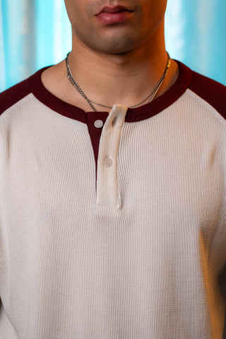 Waffle-Knit Raglan Henley in Maroon