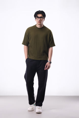 Boxy-Cut Waffle T-shirt in Olive